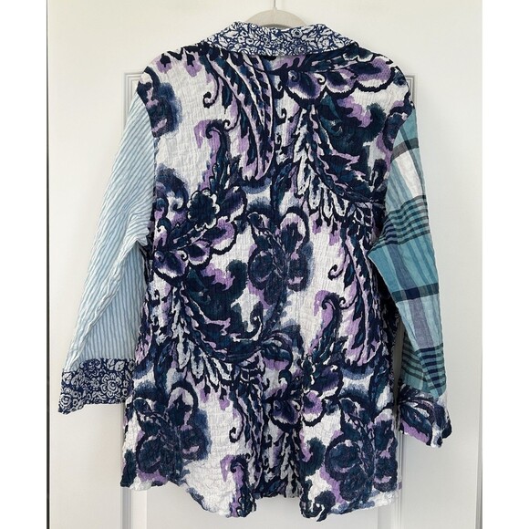 Habitat Clothes to Live In Mixed Print Blouse Size XL Crinkle Artsy 3/4 Sleeve - Picture 6 of 11